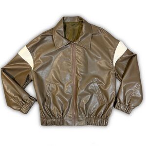 Brown Bomber Jacket with White Stripes
